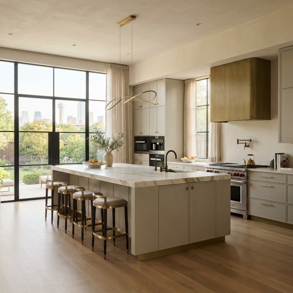 Light-filled kitchen with a generous island and warm finishes
