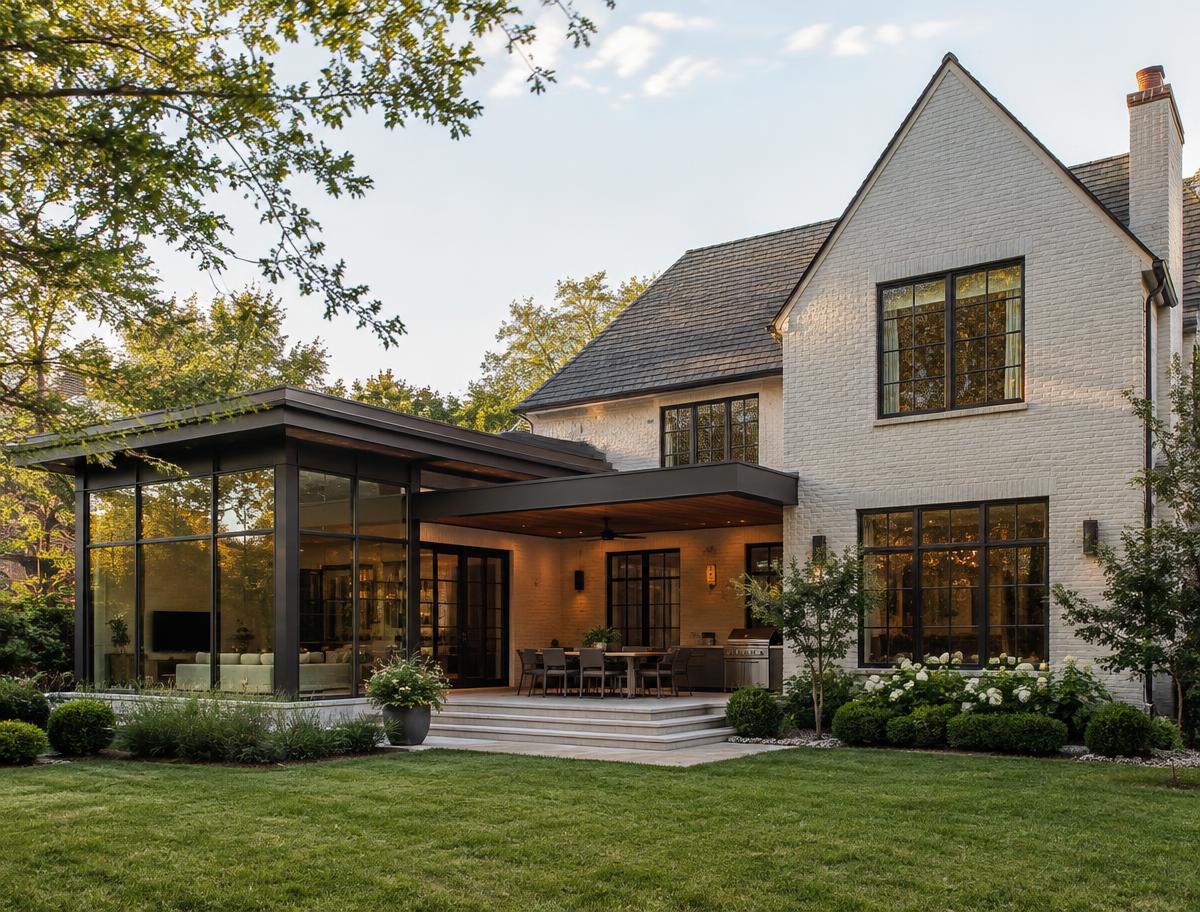 Home addition concept with generous windows and a landscaped backyard