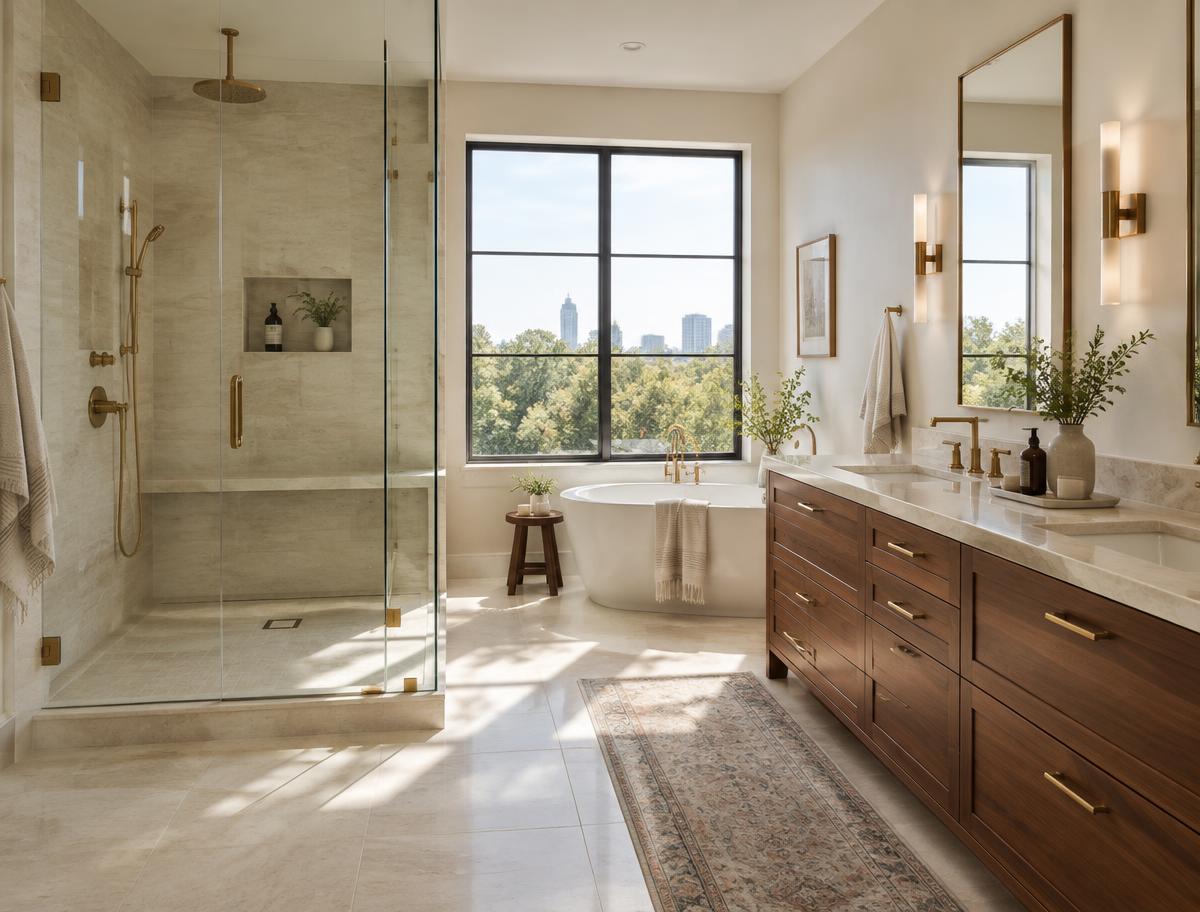 Bathroom concept showing a glass shower, stone tile, and walnut vanity